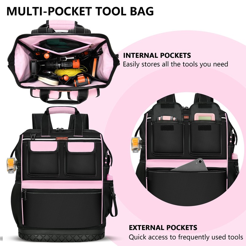 LOKASS Pink Tool Bag for Women, Wide-open Tool Backpack with