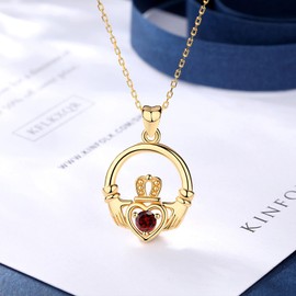 INFUSEU Claddagh Necklace for Women Irish Small Pendant Sterling Silver Red Stone January Birthstone July Gifts for Her Birthday Wife Daughter Teen Girlfriend Valentine Anniversary