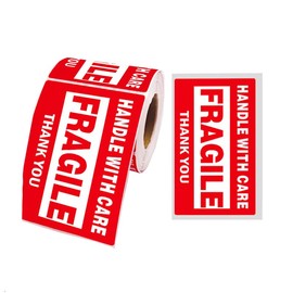 Fragile Stickers, 1 Roll of 500 Labels, Red Fragile Warning Sign Stickers, Handle with Care. Thank You Warning Beetics