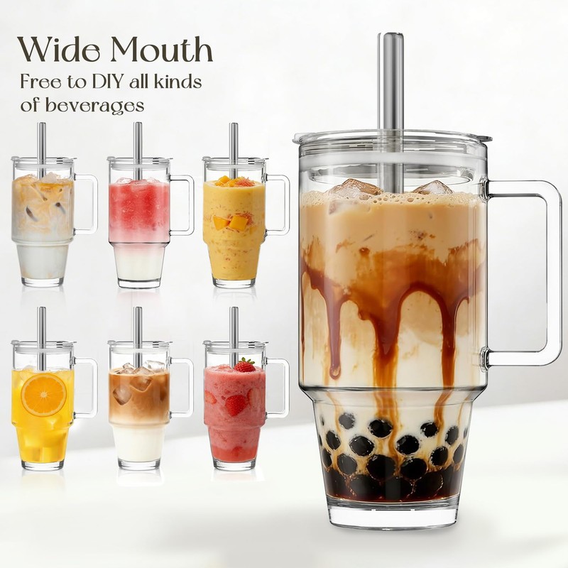 KEMORELA 24oz Clear Glass Tumbler with Handle, Lid & 13mm