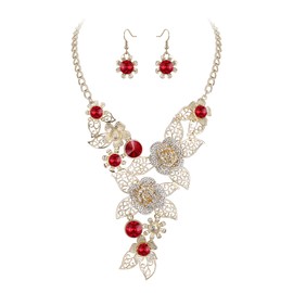 Flyonce Hollow Leaf Flower Chunky Long Big Statement Necklace Earrings Set, Crystal Vinatge Filigree Floral Cluster Costume Jewelry for Women Wedding Bridal Red
