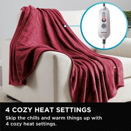 Brookstone Oversized Heated Throw Heated Blanket Throw - Heated Throw Blanket Electric - Heated Blankets - 4 Heat Settings, 4-Hour Auto Shut Off, 100% Polyester, 50"x60" - Red