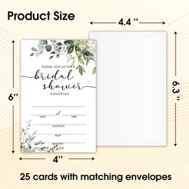 Set of 25 Bridal Shower Eucalyptus Invitations with Envelopes, Greenery Invites for Bridal Shower, Wedding Party Invitations, Fill in Style Invites Cards -004