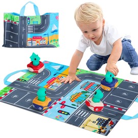 Dinosaur Car Toys for Toddlers - 1 2 3 Year Old Boys Baby Press and Go Cars with Play Mat, Baby Push Go Friction Car Set Travel toys for 6 9 12 18 Months, 1st Birthday Gifts for 1-2 Years Old Boys