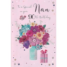 Nan 90th Birthday Card - Age 90 - Special Nan - Flower Bouquet and Butterfly - Artistic Floral Design - Special Finishes and Illustrated Insert Leaf - Made in the UK