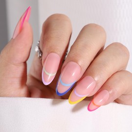 French Tip Press on Nails Short Almond, Medium Colorful French Fake Nails with Glossy Design Full Cover False Nail French Acrylic Glue on Nails for Women and Girls Manicure Decoration 24Pcs