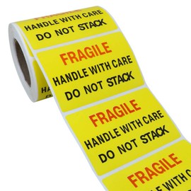 Hybsk 2x3 inch 300pcs Fragile Stickers for Shipping Moving Handle with Care Do Not Stack Yellow Warning Labels (Type 1)