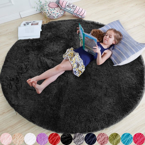Black Round Rug for Bedroom,Fluffy Circle Rug 5'X5' for Kids Room,Furry Carpet for Teen's Room,Shaggy Circular Rug for Nursery Room,Fuzzy Plush Rug for Dorm,Black Carpet,Cute Room Decor for Baby