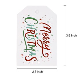 WRAPAHOLIC Christmas Gift Tags with String - 100PCS Merry Christmas Text Design Paper Tags with 100 Feet Natural Jute Twine for Christmas Party Decoration - 3.5 x 2.3 Inch