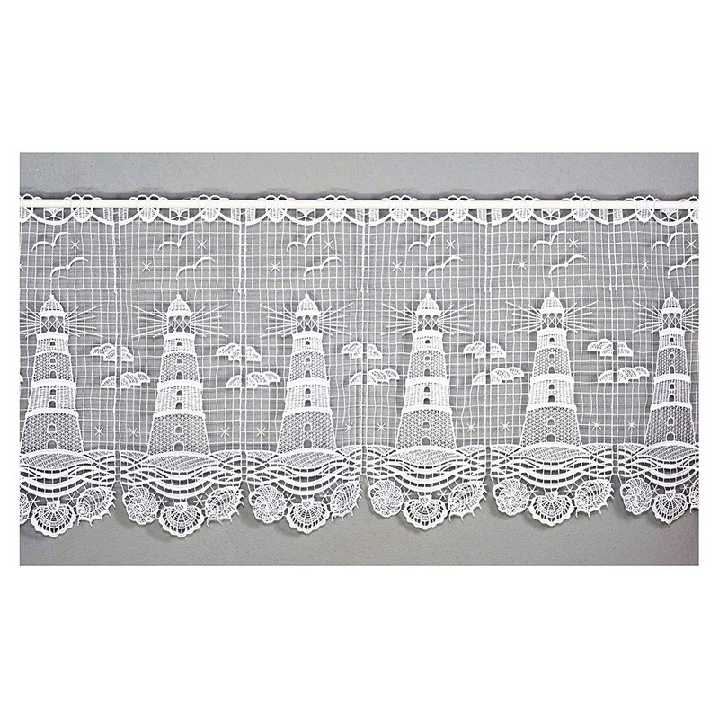 Maritime White Lace Curtain Lighthouse Made of Plauen Lace Panel