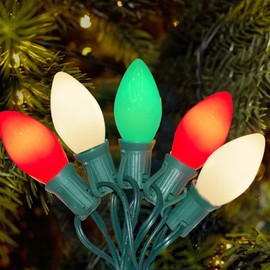 25Ft C7 LED Christmas Multicolor String Lights with 27 Red Green White LED Bulbs, Outdoor Hanging Vintage Christmas Lights Waterproof for Xmas Tree Roofline Wedding Party Holiday Decor-Red/Green/White