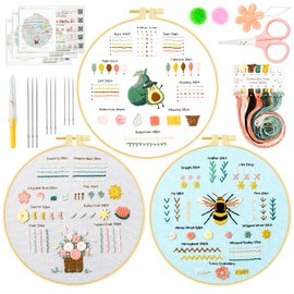 cotaour 3 Sets Embroidery Kit for Beginners, Embroidery Kit for Adults with Follow Instruction, Cross Stitch Kits with Wooden Embroidery Hoops (Style-D)