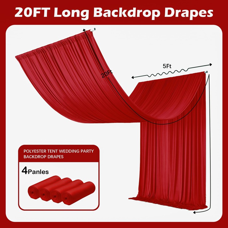 20ftx20ft Red Backdrop Ceiling Drapes,4Panels 20ft Height Wrinkle Free Tent