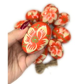 Ukrainisches Kunsthandwerk® 12 Wooden Easter Eggs Hand-Painted Including Hanger Handmade from Ukraine (Orange with Green Flower)