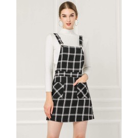 Allegra K Women's Plaid Overall Dress Vintage Checkered Suspender Skirt Short Pinafore Dress Medium Black-White