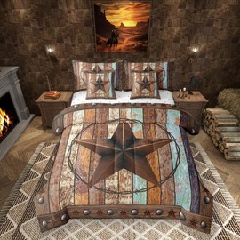 7 Pieces King Size Western Texas Star Kids Comforter Set,Vintage Wooden Plank Bedding Set,Rustic Farmhouse West Cowboy Brown Retro（Comforter+Fitted+Flat Sheet+2 Pillowcases+2 Throw Pillow Covers）