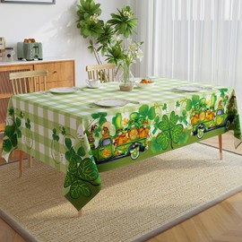 Romanstile St. Patrick's Day Tablecloth, Lucky Shamrock Green and White Buffalo Plaid Washable Table Cover for Spring Dinner Party Picnic Indoor Outdoor Decor, 60 x 120 Inch
