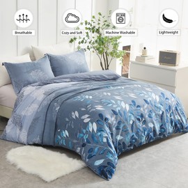 Floral Duvet Cover King Blue Leaves Bedding Set, Reversible Lightweight Bedding Sets 3pcs with Zipper Closure (King, 220x230cm)