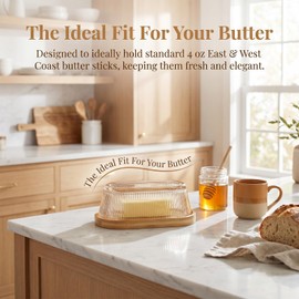 Glass Butter Holder for Counter, 4 oz Butter Dishes with Lid--Fit East & West Coast Butter-Stick for Countertop & Fridge Door Shelf, Small Glass Storage Container with Bamboo Lid (Amber)