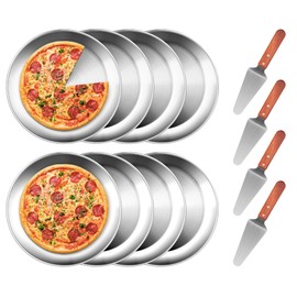 tchrules 12 Inch Pizza Pan Set of 8, Stainless Steel Pizza Tray, Round Non-Stick Coating Pizza Plate for Oven Kitchen Baking Home Restaurant, Dishwasher Safe （Silver）