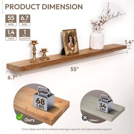 Marsmiles 55 inch Floating Shelves for Wall Solid Elm Wood Wall Mounted Shelves|Rustic Long Floating Shelves with Invisible Bracket for Bathroom Living Room Kitchen|Natural, 1 Pack