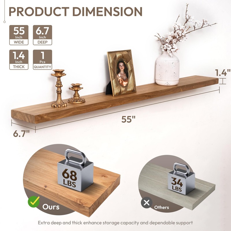 Marsmiles 55 inch Floating Shelves for Wall Solid Elm Wood
