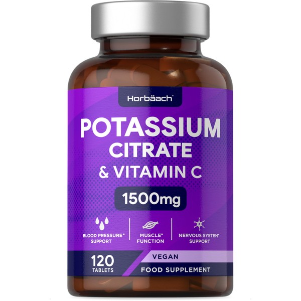 Potassium Citrate 1500mg with Vitamin C | 120 Vegan Tablets | Potassium Supplements High Strength | by Horbaach