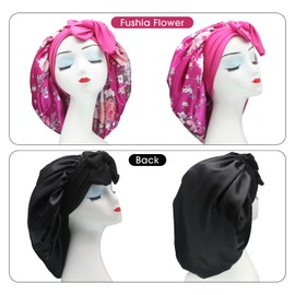 Hanbertti 2 Pack Silk Satin Hair Bonnet Sleeping Hat with Stretch Tie Band Bonnets Silk Bonnet Satin Bonnet Adjustable Bonnet for Curly Hair Sleeping Adult Women Girls（Black+Fushia Flower）