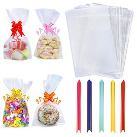Cellophane Bags Pack of 100 (6 x 10 Inches) Food Safe Cookie Bags with 100 Mix Colors Pull Bows