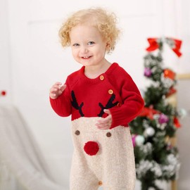 L&ieserram Baby Boys Girls Unisex Knitted Christmas Outfits Baby Clothing Christmas Set Baby Clothing Knitted Romper Hat Set Warm Bodysuit Jumpsuit Baby Christmas Gift, Red Deer