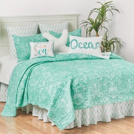C&F Home Blue and White Turquoise Bay Twin Cotton Quilt Set Reversible Bedding Seahorse Turtle Beach Ocean Coastal Twin 2 Piece Set Blue