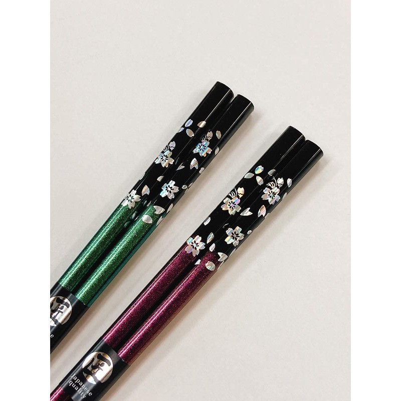 Couples Chopsticks, Silver Cherry Blossoms, Green, Purple, Design with Paulownia