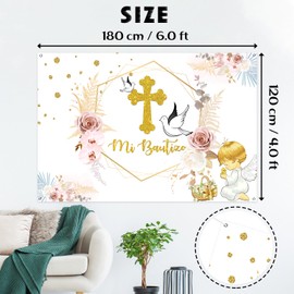 INNORU Mi Bautizo Backdrop Banner, First Holy Communion Photography Backdrop Durable Fabric Baptism Dove Cross Christening Baby Shower Party Decorations Photo Booth Props 6x4ft