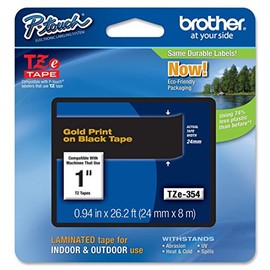 Brother Genuine TZe354 Gold on Black Laminated Tape for P-touch Label Makers, 24 mm wide x 8 m long