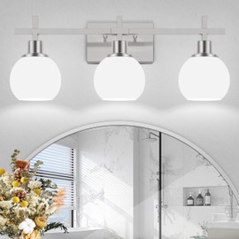 Dpyrrhic Modern Vanity Lighting Fixtures,3-Light Bathroom Lighting Fixtures Over Mirror，Brushed Nickel Wall Mounted Bathroom Vintage Lamp with Milky White Glass Lampshade for Living Room，Bedroom