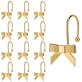 Lyreh 12pcs Bow Shower Curtain Hooks, Vintage Bathroom Curtain Rings Decorative Metal Bow Knot Hangers for Baby Room Elegant Nursery Home Decor (Gold)