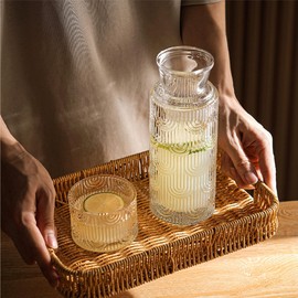 SEICASAYA Glass Water Carafe with Cup, 22oz Lead-Free Bedside Night Water Pitcher with Drinking Glass, Textured Ribbed Design for Bedroom, Mouthwash Dispenser for Bathroom (Clear)