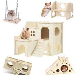 Hamster Toys 5-Piece Set,Hamster House, Swing, Climbing Ladder,Seesaw & Exercise Wheel,Pet DIY Sport Exercise Toys Set,Small Animal Habitat Accessories,Gerbils, Mice(Natural Wood) TT
