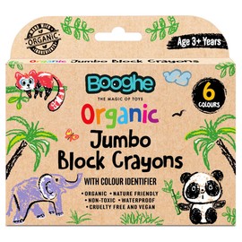 Booghe Crayons Organic Jumbo Block Crayons - Made With Organic Ingredients and Food Grade Colors - Nature Friendly, Non Toxic, Waterproof, Pack of 6, Age 3 + Years
