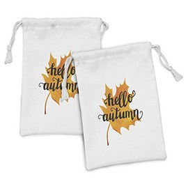 Ambesonne Autumn Fabric Pouch Set of 2, Maple Leaf Silhouette in Warm Colors with Hand Lettering Fall Season Words, Small Drawstring Bag for Toiletries Masks and Favors, 9" x 6", Orange and Black