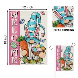 Covido Welcome Easter Bunny Gnome Decorative Garden Flag, Rabbit Ears Eggs Carrot Butterfly Pink Blue Yard Outside Decorations, Outdoor Small Home Decor Double Sided 12 x 18