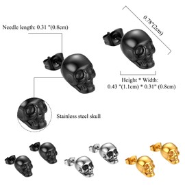 Cupimatch Earrings Set Skull Men's Skull Stud Earrings Stainless Steel Hip Hop Punk Jazz Ear Piercing Earrings for Men Boys Gold Silver Black, Stainless Steel