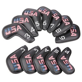 Golf Builder 12pcs/Set Black Leather USA Golf Club Iron Head Covers 3-9,P,S,A,Lw,Lw Fit All Brands