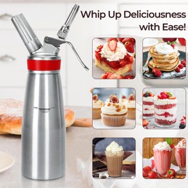 Whipped Cream Dispenser Professional Whip Cream Canister Whipped Cream Maker with 3 Decorating Stainless Nozzles - N2o Chargers (Not Included) (Aluminum)