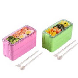 GoGoSprint 3-In-1 Bento Lunch Box For Adults,3 Compartment Lunch Box For Women With Chopsticks,Removable Spoon And Fork, Meal Prep Containers,3 Layer Meal Prep Containers- 2 Pack In Pink & Green