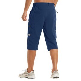 TACVASEN Mens Capri Pants Long Shorts Outdoor Hiking Shorts 3/4 Pants Men Blue Cargo Shorts Summer Shorts for Men with Zipper Pockets