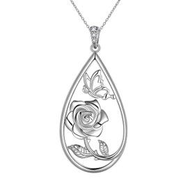 925 Sterling Silver Butterfly Rose Flower Necklace for Women Girls Cute Cat Necklace Elegant Rose Flower Earrings Rose Heart Necklace Anniversary Christmas Birthday Mum Wife Girlfriend Gifts, Sterling