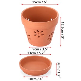 JUXYES Pack of 3 Small Terracotta Orchid Pots with Holes and Saucers, 6 Inches Clay Orchid Planter Pots for Repotting, Plant Flower Pots for Orchid Indoor and Outdoor Promotes Air Circulation