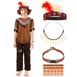 Liitrsh American Indian Costume Set for Kids Boys Native Costume Accessories Necklace Bone Headband Bracelet Tattoos Party Cosplay (Medium)