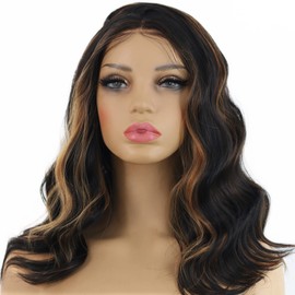ANDRIA Short Wig Dark Brown with Highlight Blonde Colorful Wavy Wig Lace Front Wigs for Women Natural Loose Wave Wigs Synthetic Heat Resistant Fiber Hair Glueless Lace Wigs with Baby Hair 16 Inches